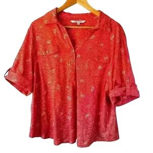 Emily Daniels Red Roll Tab Sleeve V Neck Novelty Flip Flop Sun Glass Top Size 1X